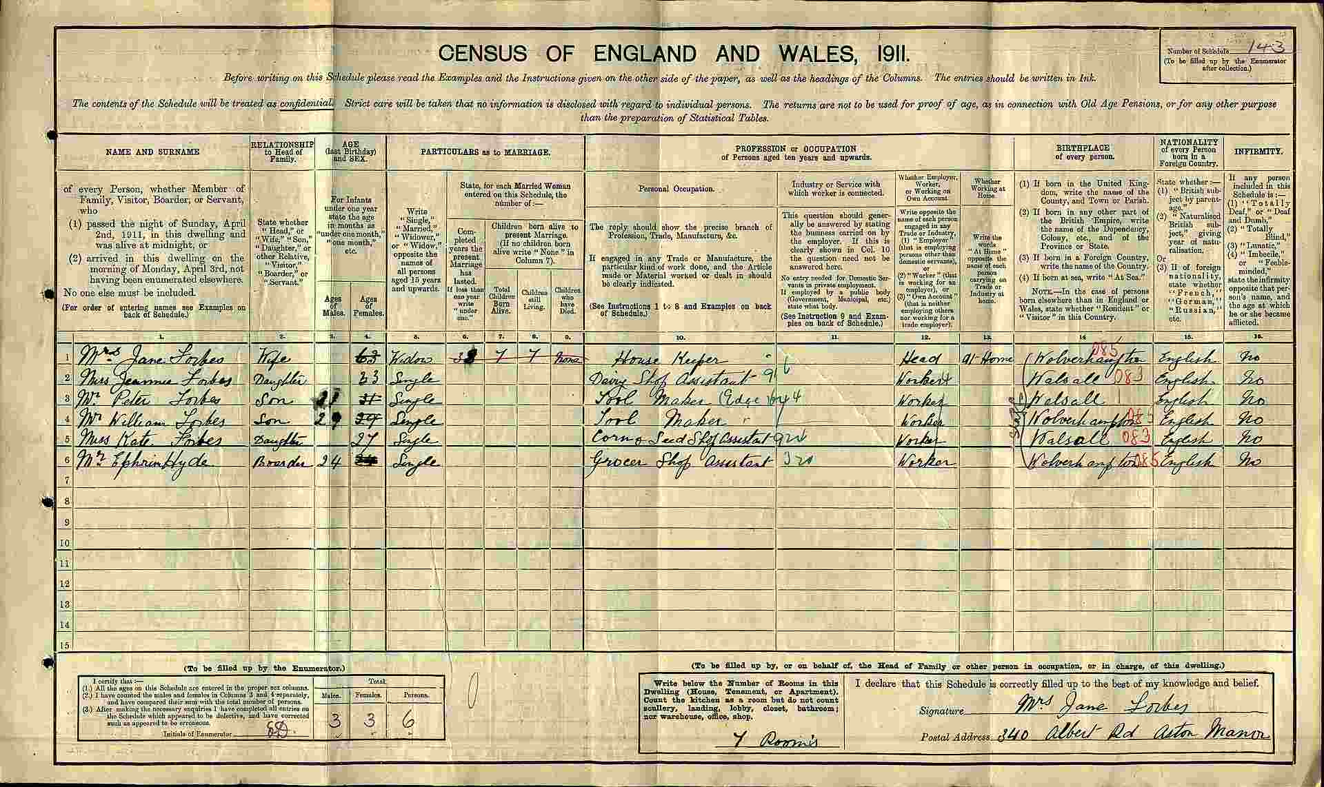 1911EnglandCensusForMrEphrimHyde